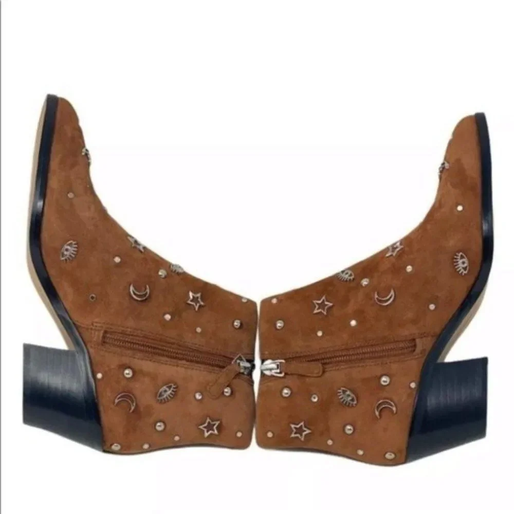Rebecca Minkoff Booties WMNS 5.5 Brown Suede Studded Celestial Lizzie Stars Moon
